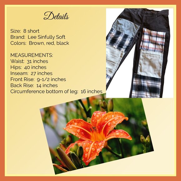 Upcycled Boho Patchwork Jeans, Women's Size 8 Short: Brown Hippie Grunge Pants - Picture 3 of 8